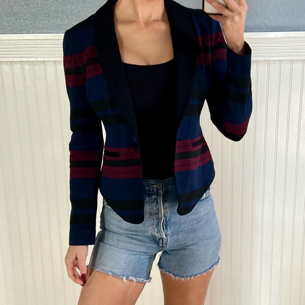 BCBGMaxAzria Navy, Black & Burgundy Striped Blazer